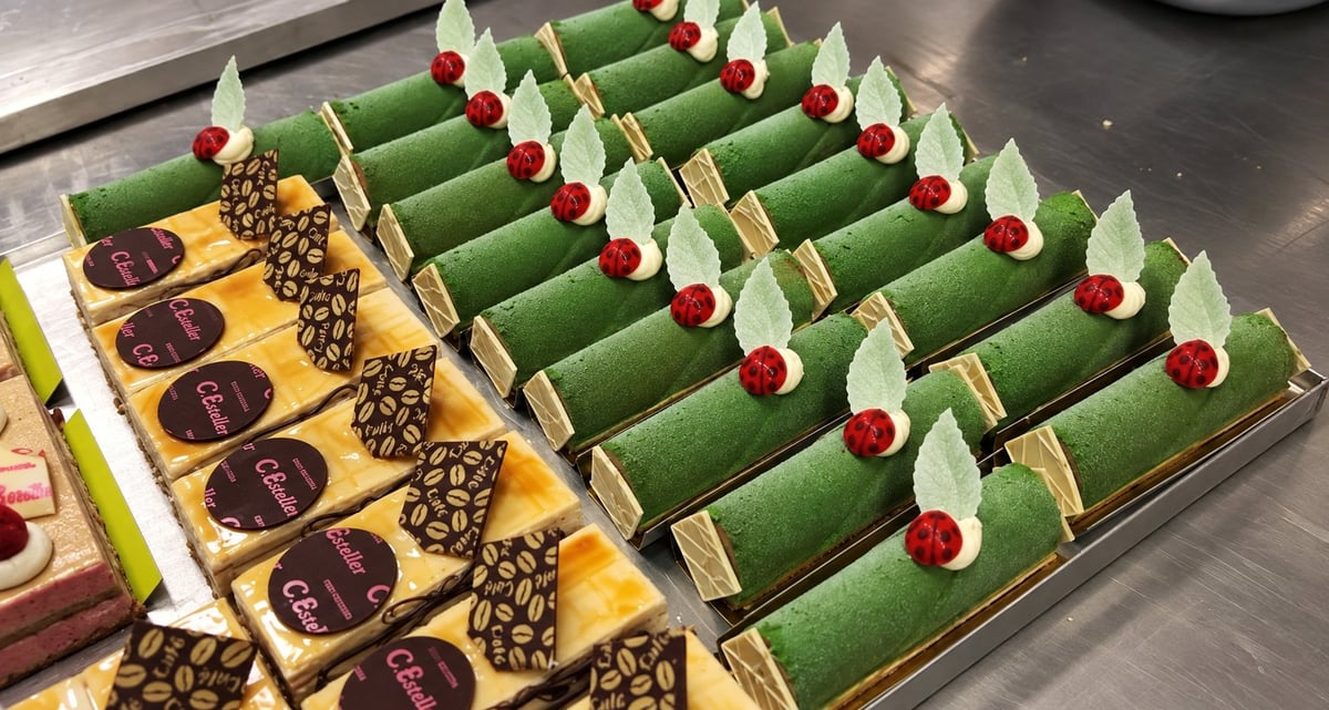 Bandeja de pasteles gourmet de C. Esteller: cilindros verdes de pistacho con mariquita y hojas, y piezas cuadradas con glaseado y sello C. Esteller