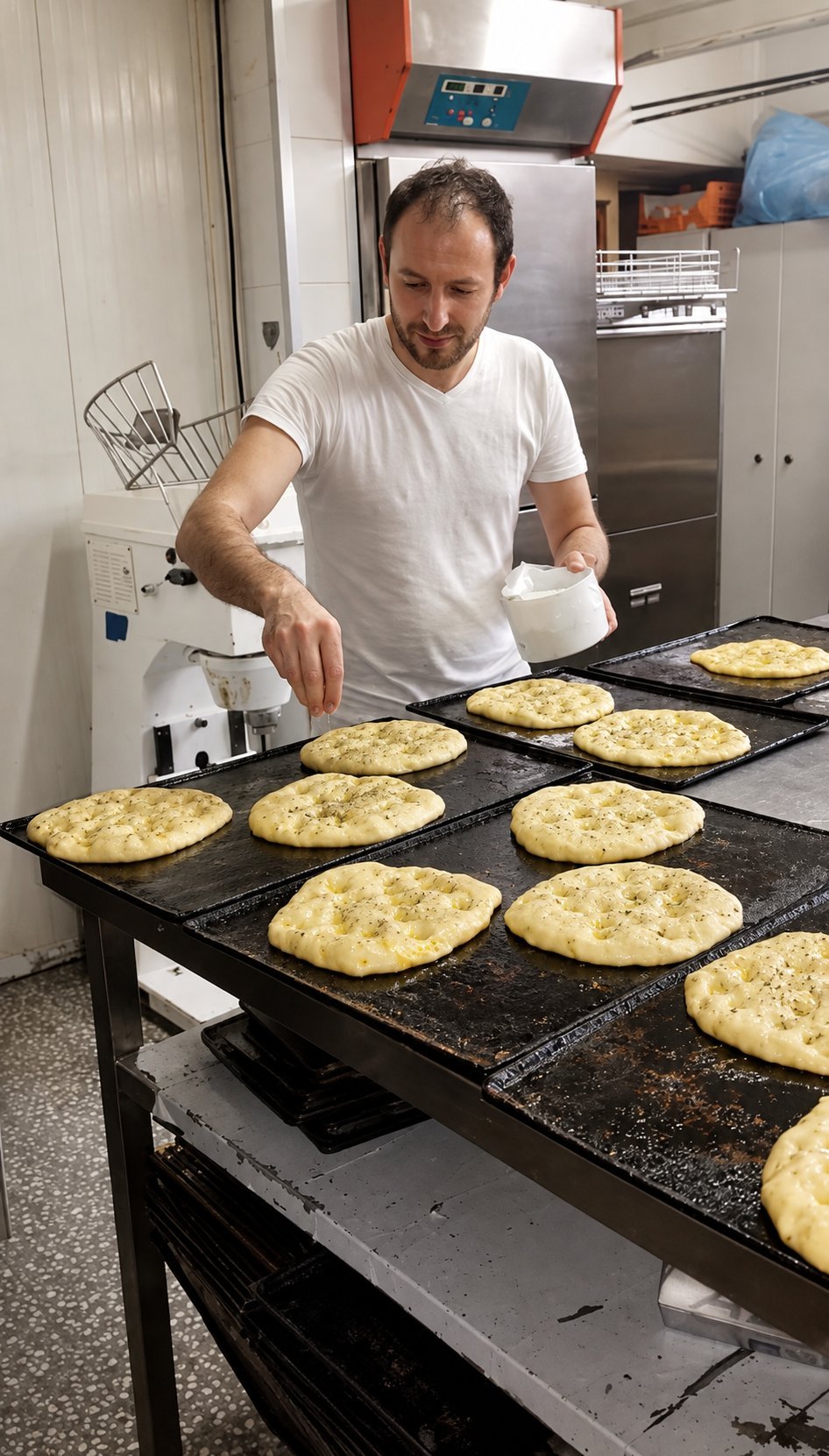 Equipo del obrador de C. Esteller preparando cocas planas recién horneadas en la gran plancha del horno