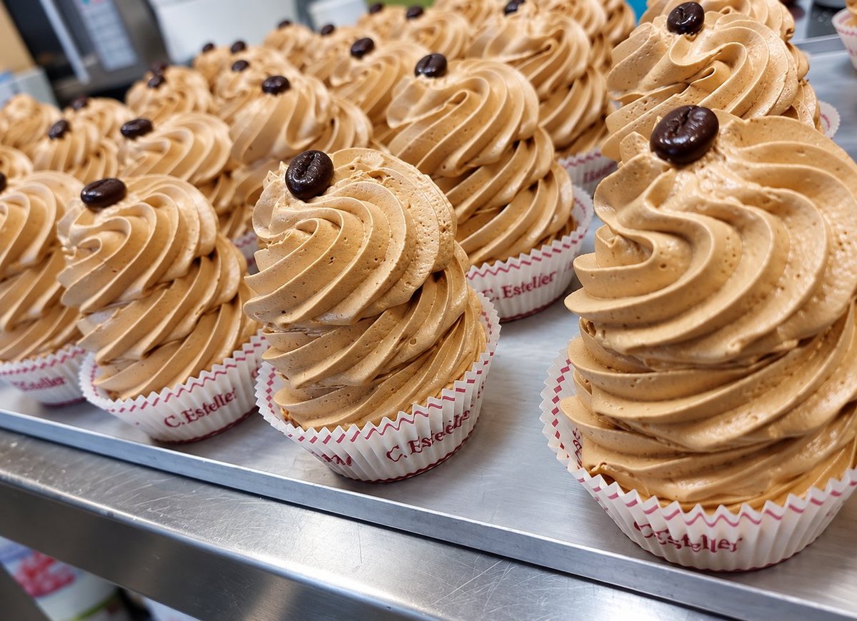 Cupcakes de café con frosting y grano de café en papel C. Esteller, recién horneados